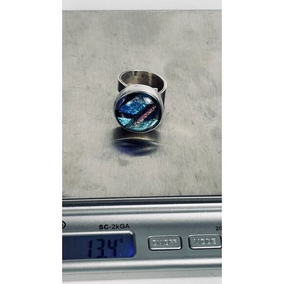 925 Sterling Silver Vintage Dichroic Glass Modernist Ring Size 7.25 / 13.4 Grams - Picture 9 of 9